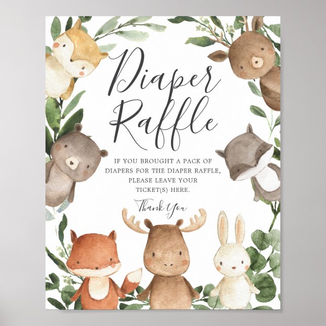 Woodland Friends Baby Shower Diaper Raffle Sign (Front)