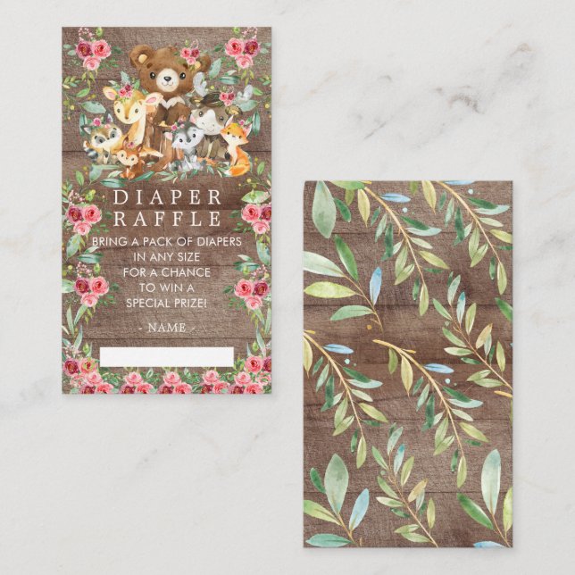 Woodland Friends Baby Shower Diaper Raffle Ticket Enclosure Card (Front/Back)