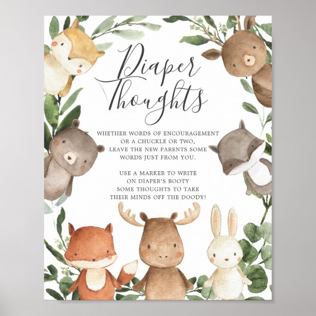 Woodland Friends Baby Shower Diaper Thoughts Sign (Front)