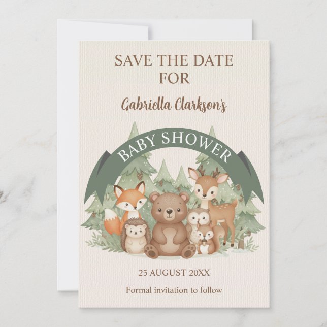 Woodland Friends Baby Shower Save the Date Invitation (Front)