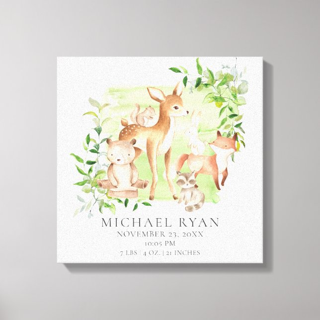 Woodland Friends Birth Stats Canvas Print (Front)