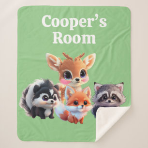 Woodland friends fox skunk racoon deer sherpa blanket