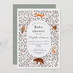 Woodland Friends Gender Neutral Sage Baby Shower Invitation