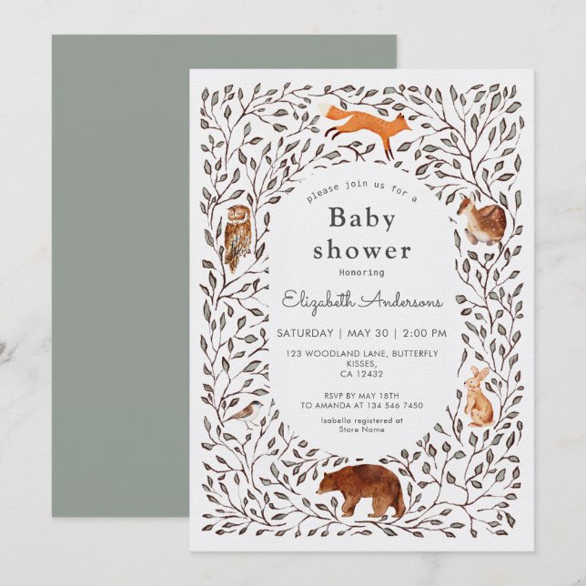 Woodland Friends Gender Neutral Sage Baby Shower Invitation (Front/Back)