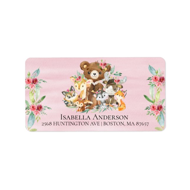 Woodland friends Girls Baby Shower Address Label (Front)