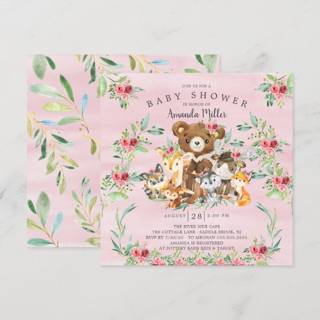 Woodland Friends Girls Baby Shower Invitation (Front/Back)