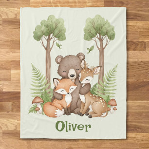 Woodland Friends Hugging: Bear, Fox, and Deer Fleece Blanket