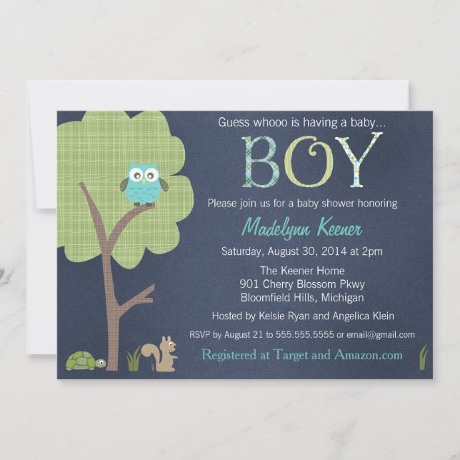 Woodland Friends Little Owl Baby Boy Shower Invite (Front)