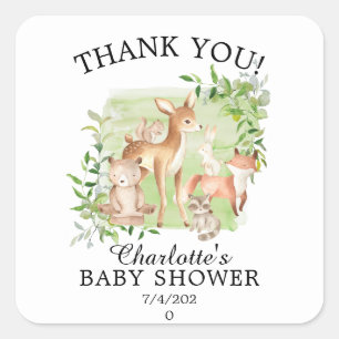 Woodland Friends Neutral Baby Shower Square Sticker