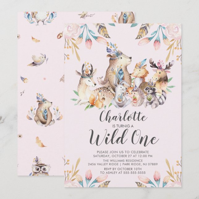 Woodland Friends Wild One Birthday Invitation (Front/Back)