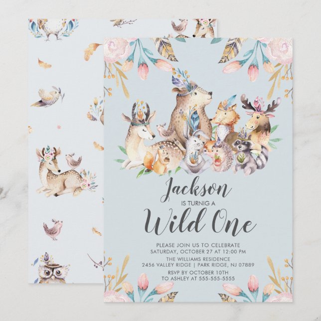 Woodland Friends Wild One Birthday Invitation (Front/Back)
