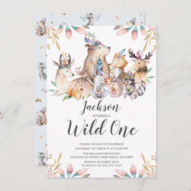 Woodland Friends Wild One Boys 1st Birthday Invita Invitation (Front/Back)
