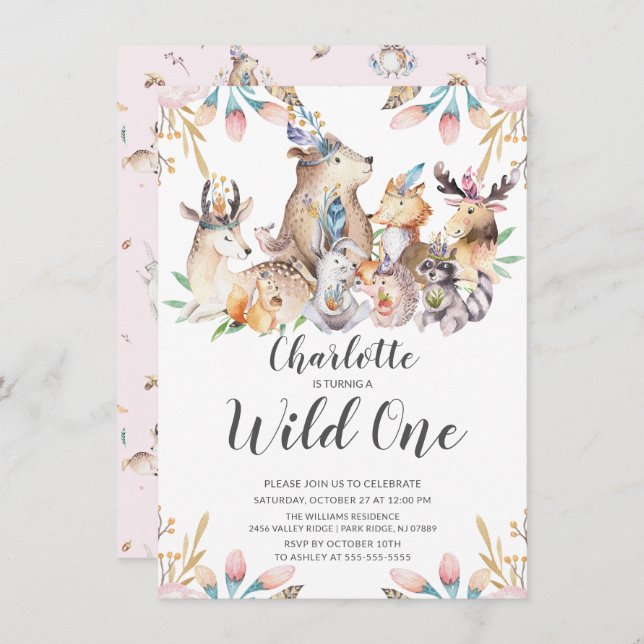 Woodland Friends Wild One Girls 1st Birthday Invit Invitation (Front/Back)