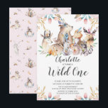 Woodland Friends Wild One Girls 1st Birthday Invit Invitation<br><div class="desc">Cute woodland animals wild one girls birthday Invitation set on a pink burlap background with a coordinating back.</div>