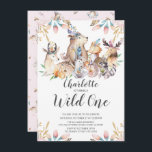 Woodland Friends Wild One Girls 1st Birthday Invit Invitation<br><div class="desc">Cute woodland animals wild one girls birthday Invitation set on a pink burlap background with a coordinating back.</div>