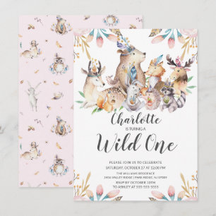 Woodland Friends Wild One Girls 1st Birthday Invit Invitation