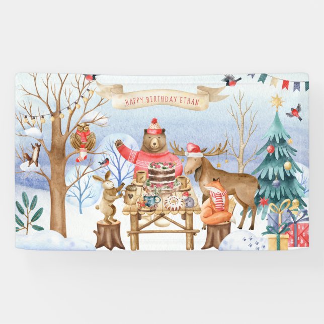 Woodland Friends Winter Birthday Party Welcome Banner (Horizontal)