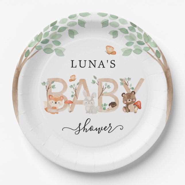 Woodland Gender Neutral Baby Shower Paper Plates (Front)