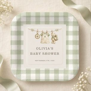 Woodland Gingham Sage Green Baby Shower Paper Plate