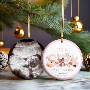 Woodland Girl Baby Announcement Christmas Ceramic Tree Decoration