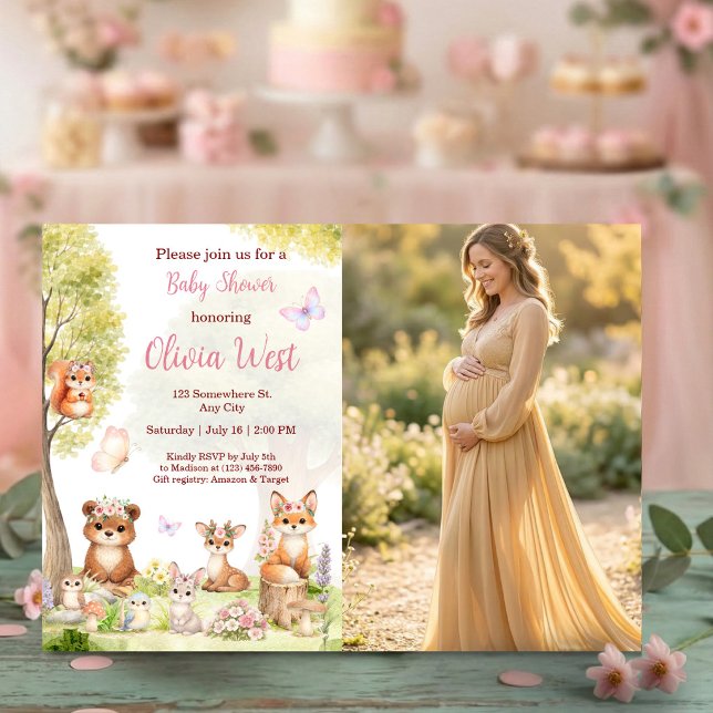 Woodland Girl Baby Shower Forest Animals Photo Inv Invitation (Woodland Girl Baby Shower Forest Animals Photo Invitation)