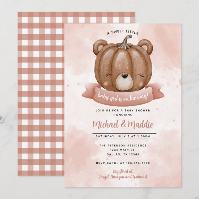 Woodland Girl Bear Pumpkin Baby Shower Invitation (Front/Back)