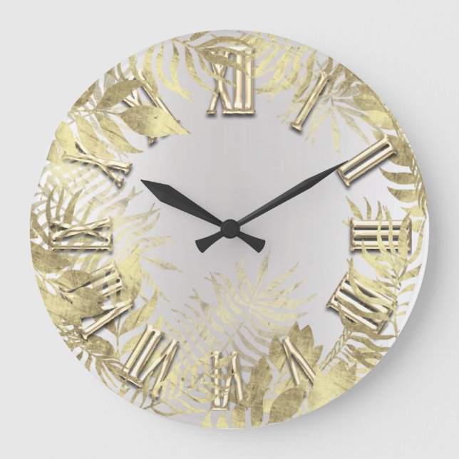 Woodland Golden Fern Foils Grey  Roman Number Large Clock (Front)