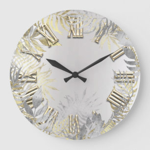 Woodland Golden Fern Gray Silver Roman Numbers Large Clock