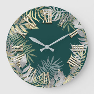 Woodland Golden Fern Teal Silver Roman Numbers Large Clock