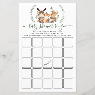 Woodland Green Baby Animals Shower Bingo Game Card