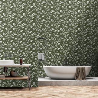 Woodland Green Botanical Branches and Leaves Wallpaper