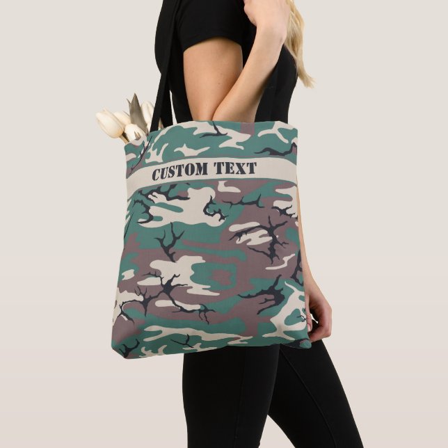 Woodland Green Camo Tote Bag w/ Text (Close Up)