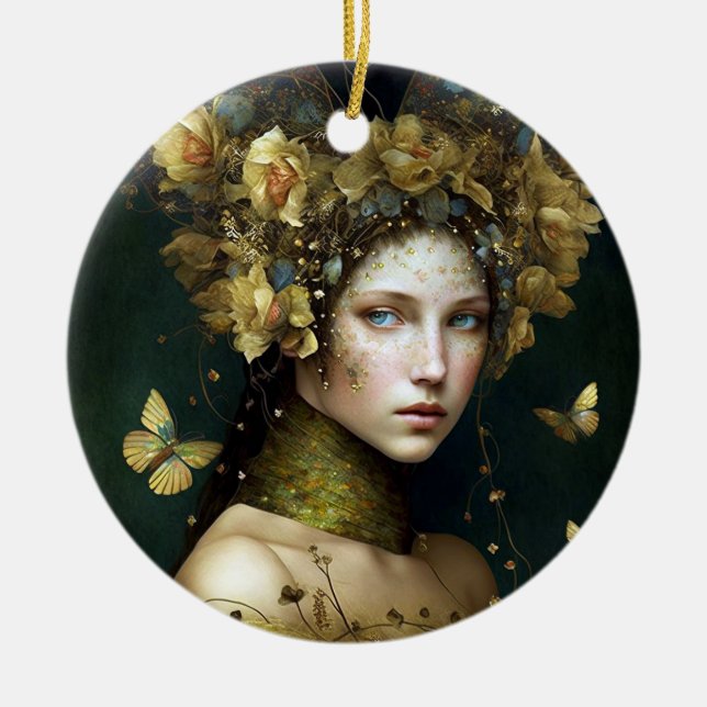Woodland Green Fairy Fantasy Art Ceramic Tree Decoration (Front)