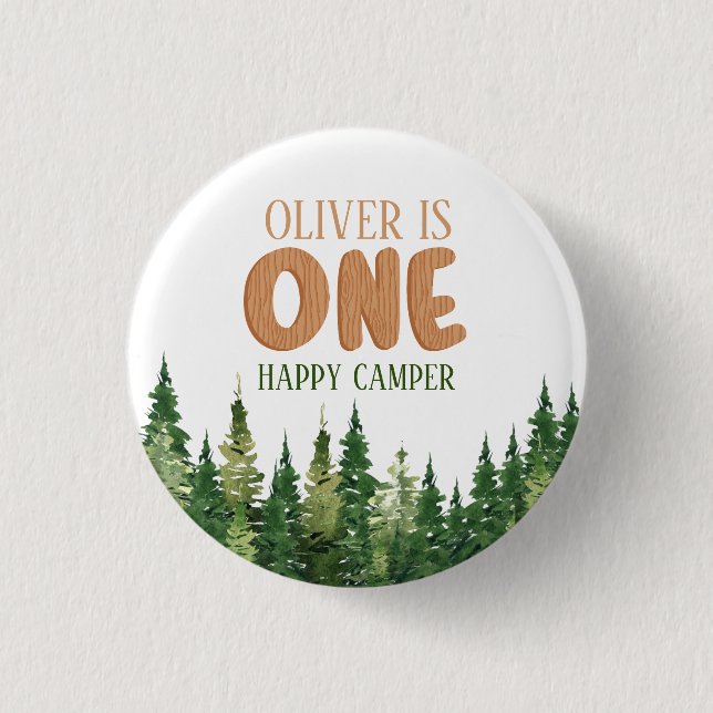 Woodland Green Happy Camper First Birthday 3 Cm Round Badge (Front)