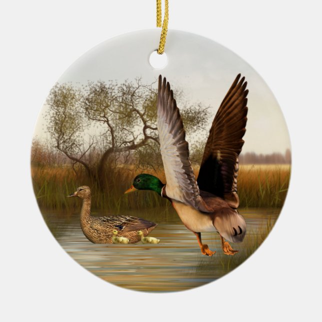 Woodland Green Wing Ducks Ceramic Tree Decoration (Front)