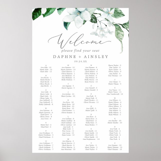 Woodland Greenery Alphabetical Seating Chart (Front)