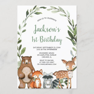 Woodland greenery animals boys 1st birthday party invitation