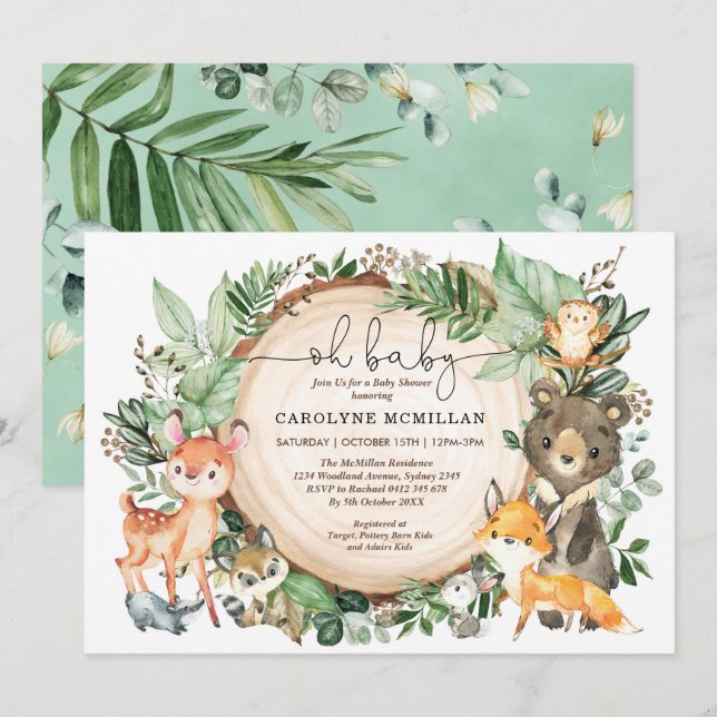 Woodland Greenery Animals Neutral Baby Shower Invitation (Front/Back)