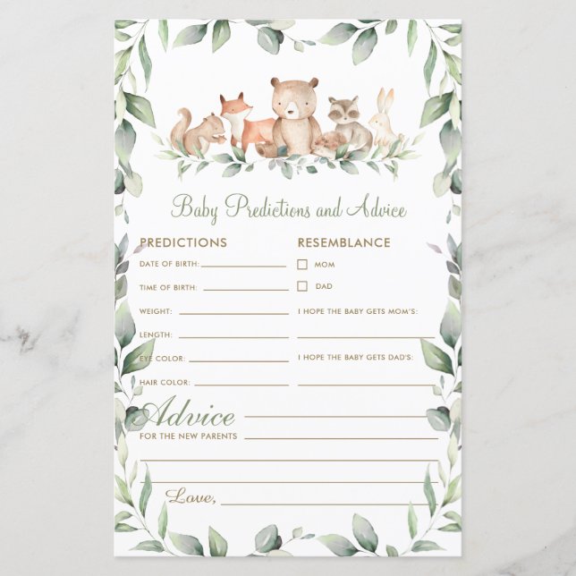 Woodland Greenery Baby Predictions and Advice Card (Front)
