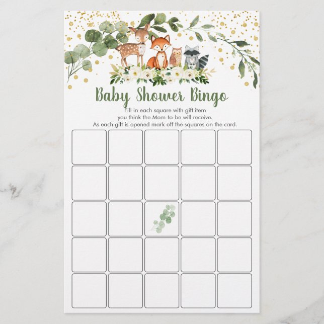 Woodland Greenery Baby Shower Bingo Game (Front)