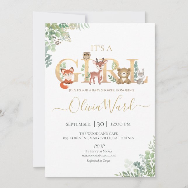 Woodland Greenery Baby Shower Girl Invitation (Front)