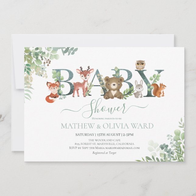 Woodland Greenery Baby Shower  Invitation (Front)