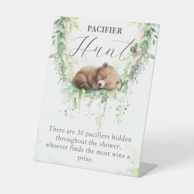 Woodland Greenery Baby Shower Pacifier Hunt Game Pedestal Sign (Front)