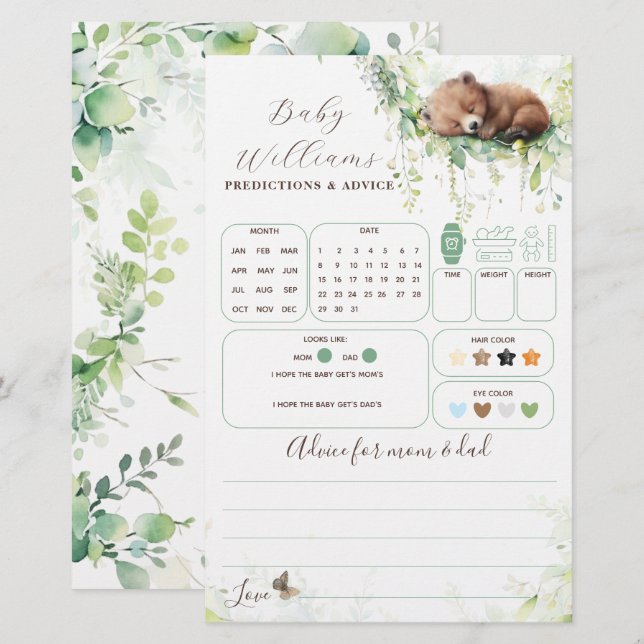 Woodland Greenery Baby Shower Predictions Game (Front/Back)