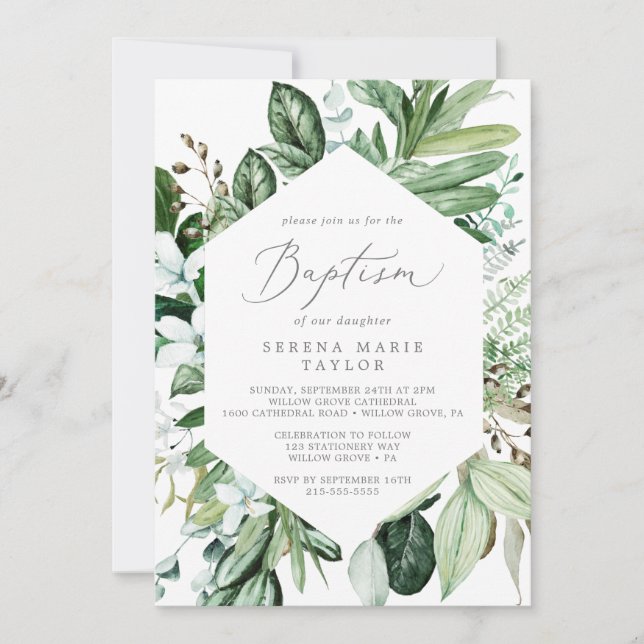 Woodland Greenery Baptism Invitation (Front)