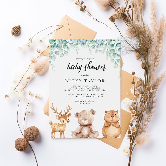 Woodland Greenery Cute Animal Baby Shower Invitation (Creator Uploaded)