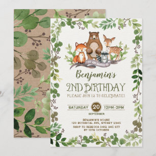 Woodland Greenery Forest Animals 2nd Birthday Invitation