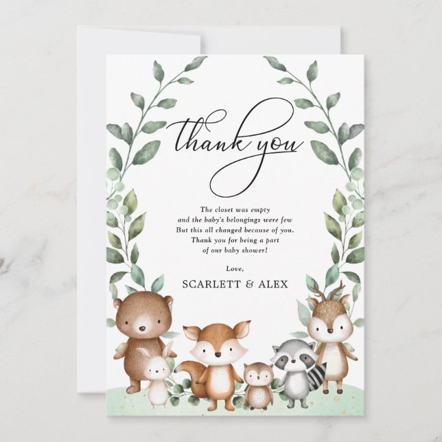 Woodland Greenery Forest Animals Baby Shower Favou Thank You Card (Front)