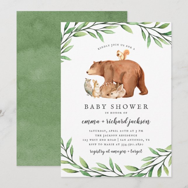 Woodland Greenery Forest Animals Baby Shower Invitation (Front/Back)