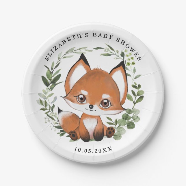 Woodland Greenery Fox 1st Birthday Baby Shower Paper Plate (Front)